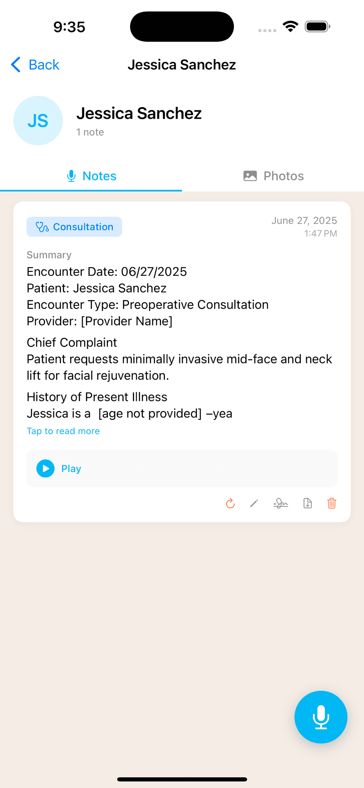 Structured AI-generated clinical note in ClinicOS